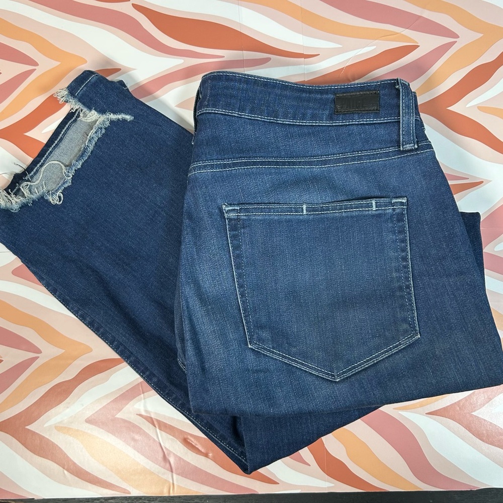 PAIGE Dark Blue Distressed Hem Jeans